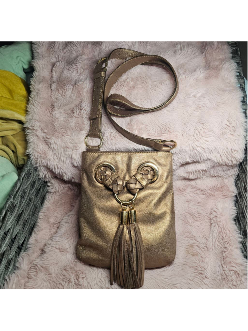 Michael Kors Metallic Gold Leather Crossbody Bag with Braided Tassel Accent